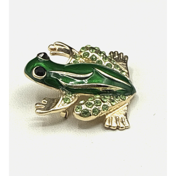 Vintage Frog Brooch Green Enamel Rhinestone Gold Tone Tree Frog - Picture 3 of 6